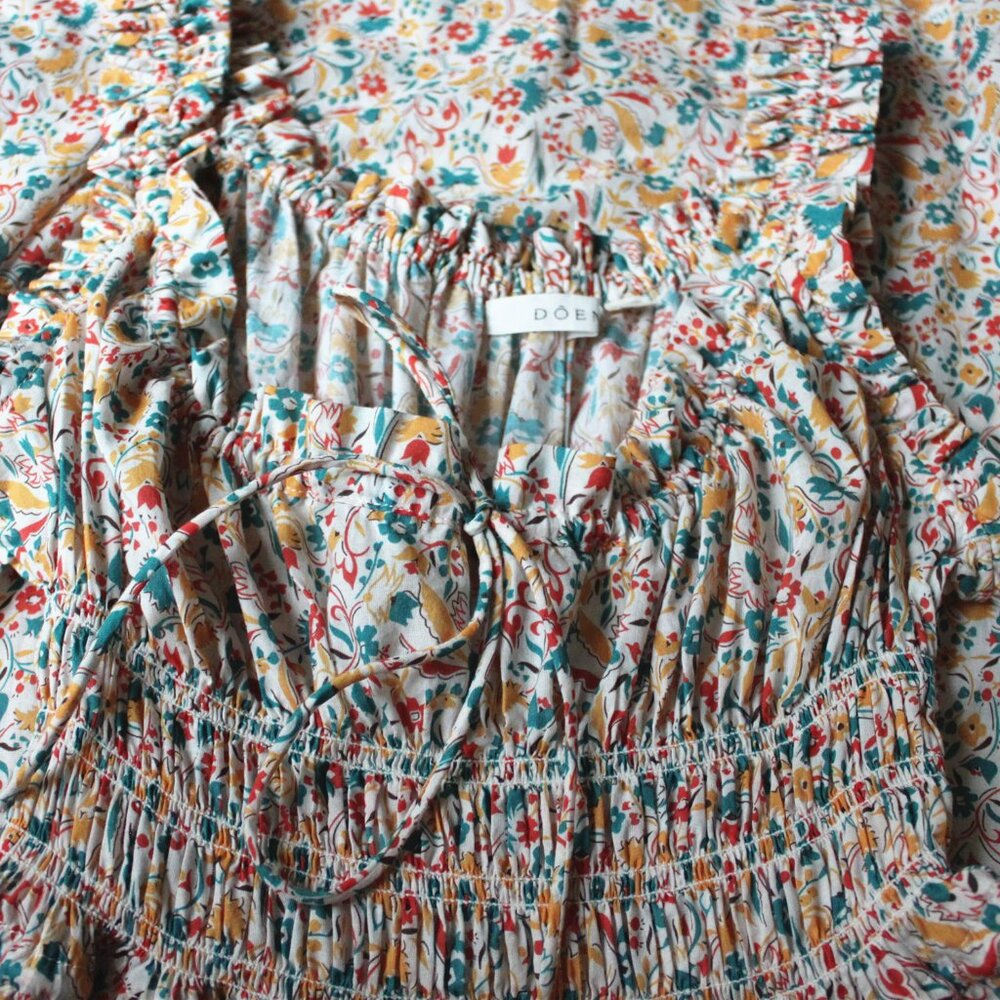 New Doen Emmaretta Floral Cotton Midi-Dress, Wilder Clover Floral, Size S - Picture 8 of 9